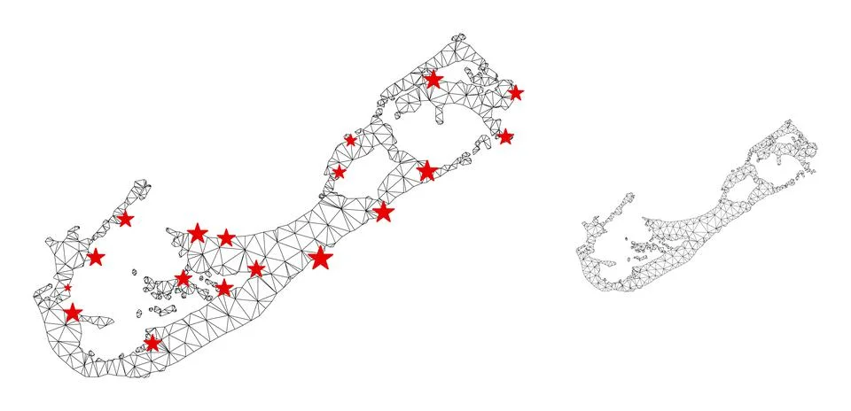 Polygonal Carcass Mesh Vector Bermuda Island Map with Stars Stock Illustration