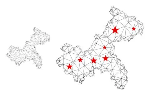 Polygonal Carcass Mesh Vector Chongqing City Map with Stars Stock Illustration