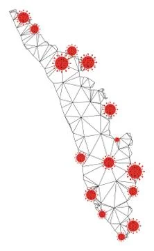 Polygonal Carcass Mesh Vector Kerala State Map with Coronavirus 스톡 일러스트