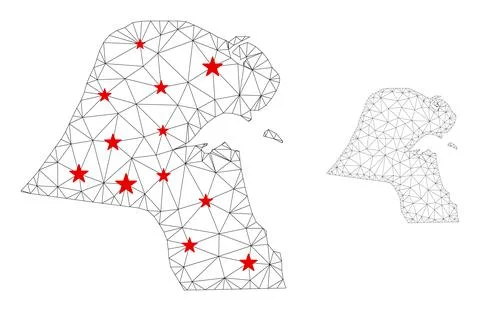 Polygonal Carcass Mesh Vector Kuwait Map with Stars Illustrazione stock
