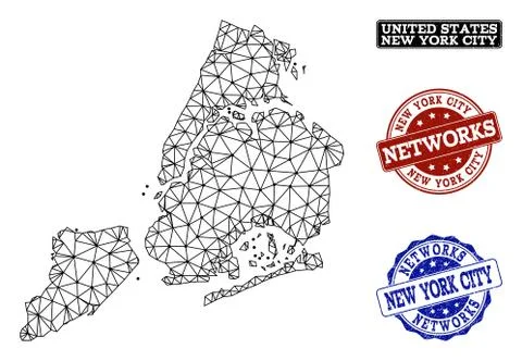 Polygonal Carcass Mesh Vector Map of New York City and Network Grunge Stamps 스톡 일러스트