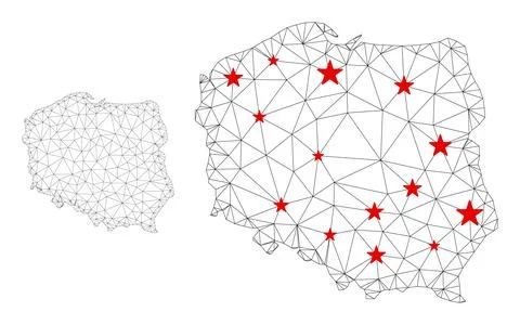 Polygonal Carcass Mesh Vector Poland Map with Stars Stock Illustration
