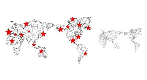 Polygonal Carcass Mesh Vector World Map with Stars 스톡 일러스트