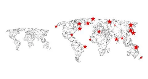 Polygonal Carcass Mesh Vector World Map with Stars Stock Illustration