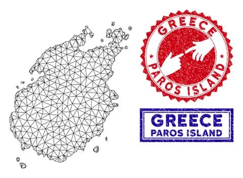 Polygonal Carcass Paros Island Map and Grunge Stamps Stock Illustration