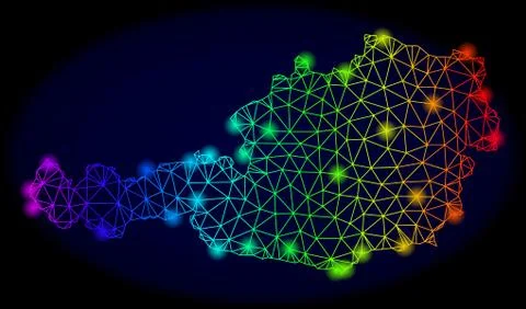 Polygonal Carcass Rainbow Mesh Vector Map of Austria with Bright Glow Spots 스톡 일러스트
