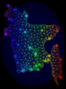 Polygonal Carcass Rainbow Mesh Vector Map of Bangladesh with Color Light Spots Stock Illustration