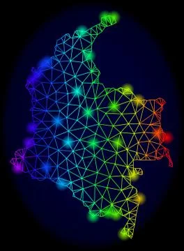 Polygonal Carcass Rainbow Mesh Vector Map of Colombia with Colorful Glow Spots Stock Illustration