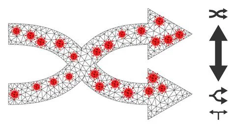 Polygonal Carcass Shuffle Arrows Right Icon with Pathogen Nodes Stock Illustration