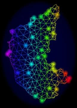 Polygonal Carcass Spectrum Mesh Vector Map of Karnataka State with Color Glare Stock Illustration