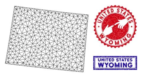 Polygonal Carcass Wyoming State Map and Grunge Stamps Stock Illustration