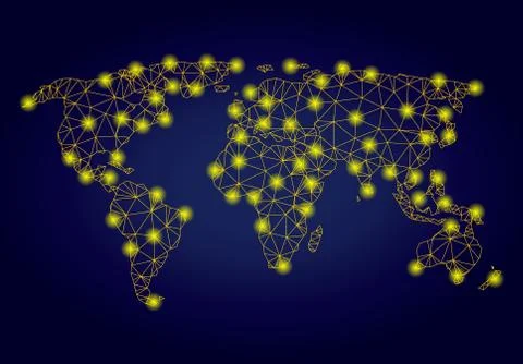 Polygonal Carcass Yellow World Map with Bright Light Spots Stock-Illustration