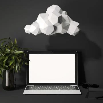 Polygonal cloud over laptop. 3d rendering 스톡 사진