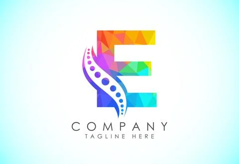 Polygonal E alphabet with chiropractic spine logo. Low poly style spinal ca.. イラスト素材