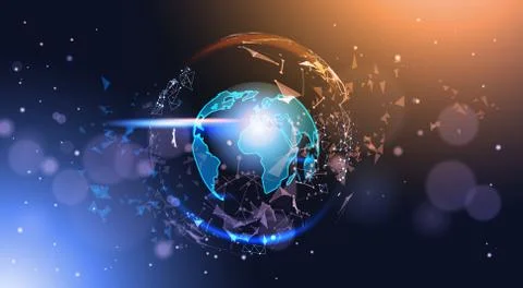 Polygonal Earth Globe On Bokeh Background Low Poly Geometrical World Map Glowing Illustrazione stock