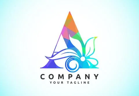 Polygonal floral letter A. Low poly style alphabet with botanical elements... Stock Illustration