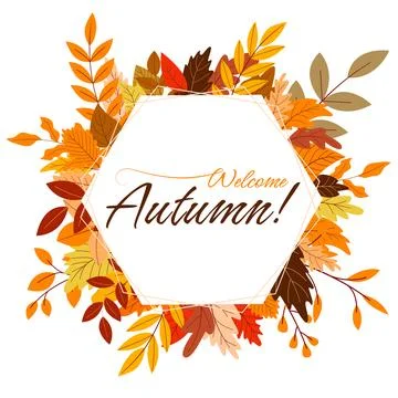 Polygonal frame decorated with fall colored leaves with greeting Illustrazione stock