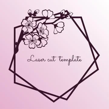 Polygonal frame with tender blossom cherry branch. Laser cutting template. Stock Illustration