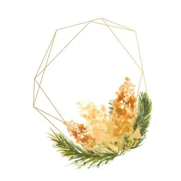 Polygonal geometric gold frame with a composition of Mimosa branches on a white Stock Illustration