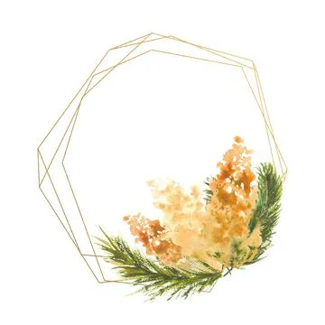 Polygonal geometric gold frame with a composition of Mimosa branches on a white Stock Illustration