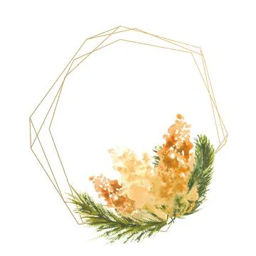 Polygonal geometric gold frame with a composition of Mimosa branches on a white Stock Illustration