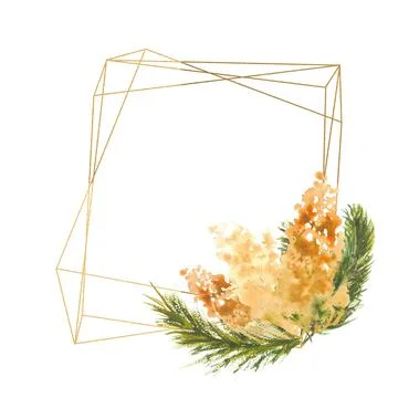 Polygonal geometric gold frame with a composition of Mimosa branches on a white Stock Illustration