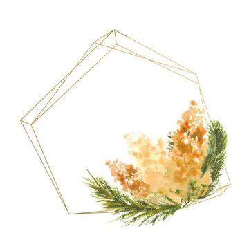 Polygonal geometric gold frame with a composition of Mimosa branches on a white Stock Illustration