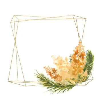 Polygonal geometric gold frame with a composition of Mimosa branches on a white Stock Illustration