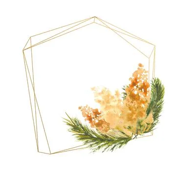 Polygonal geometric gold frame with a composition of Mimosa branches on a white Stock Illustration
