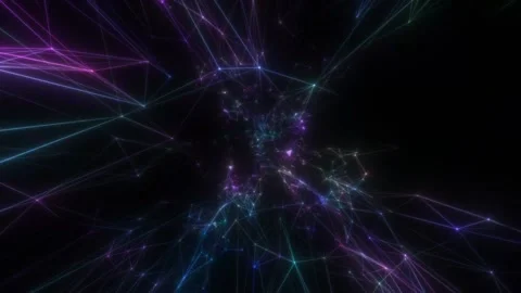 Polygonal geometric neon design rotates rapidly counterclockwise on a black Video stock 165937253