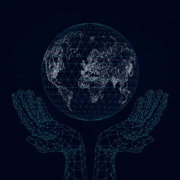 Polygonal hands hold the planet map of communications Stock Illustration