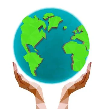 Polygonal hands holding the polygon globe. Day of the Earth. Stock Illustration