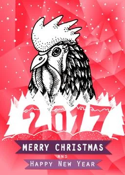 Polygonal illustration of rooster on red background.  for your design Stock Illustration