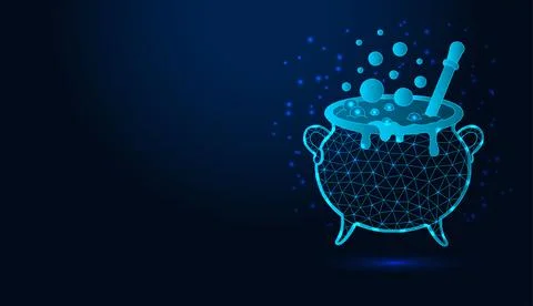 Polygonal low poly wireframe witch cauldron boiling magic potion on dark blue ba Stock Illustration