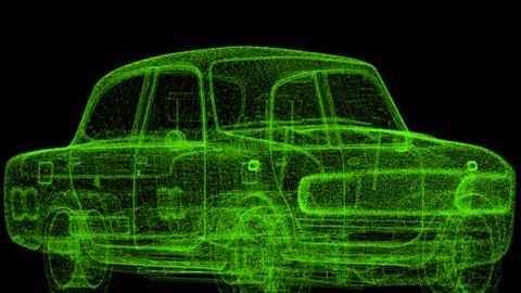 Polygonal machine of Green lines on a dark background. Car wireframe. Car g.. Illustrazione stock
