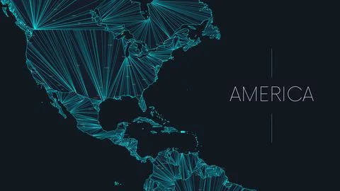 Polygonal map of the American continent with nodes linked by lines, vector gl Stock Illustration