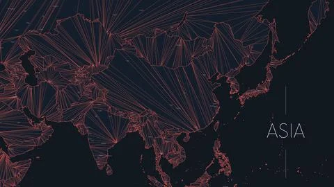 Polygonal map of the Asian continent with nodes linked by lines, vector globa Illustrazione stock