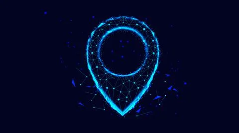 Polygonal map pointer or GPS pin from triangles and luminous points. Concept Stock Illustration