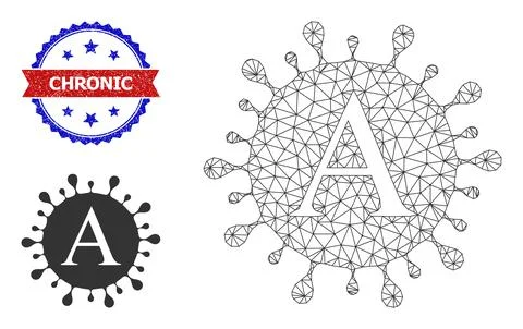 Polygonal Mesh Alpha Coronavirus Icon and Scratched Bicolor Chronic Stamp Stock Illustration