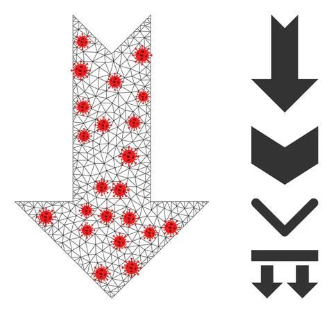 Polygonal Mesh Arrow Down Icon with Covid Elements Illustrazione stock