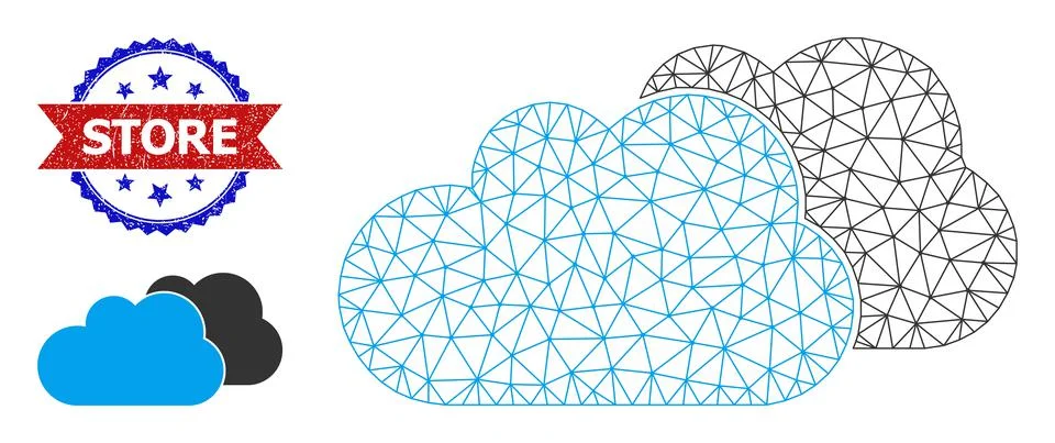 Polygonal Mesh Clouds Icon and Unclean Bicolor Store Stamp Stock Illustration