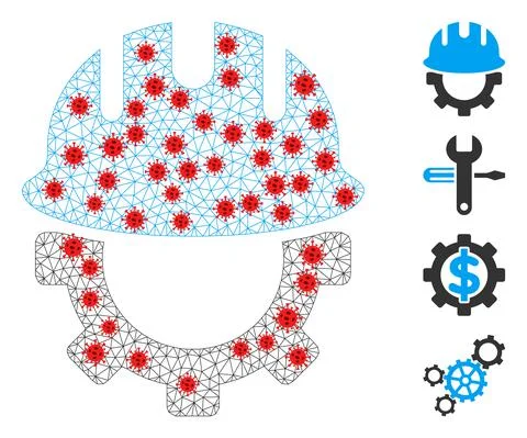 Polygonal Mesh Development Hardhat Pictogram with Infectious Elements Stock Illustration