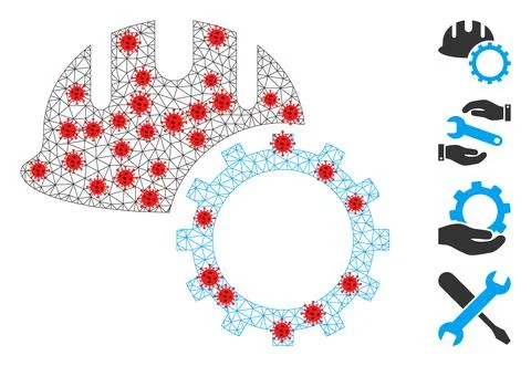 Polygonal Mesh Development Hardhat Pictogram with Pathogen Nodes Illustrazione stock
