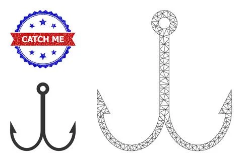 Polygonal Mesh Double Fish Hook Icon and Grunge Bicolor Catch Me Stamp Seal Stock Illustration