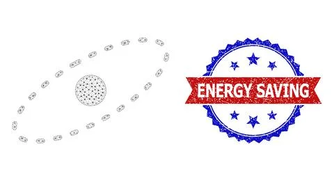 Polygonal Mesh Electron Orbit Icon and Grunge Bicolor Energy Saving Stamp 스톡 일러스트