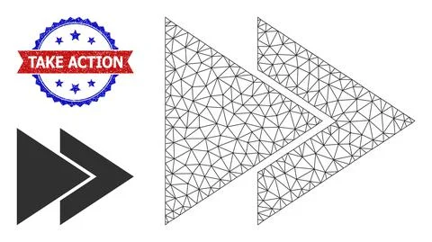 Polygonal Mesh Fast Forward Icon and Scratched Bicolor Take Action Stamp 스톡 일러스트
