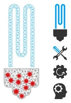 Polygonal Mesh Fluorescent Bulb Icon with Infection Nodes Illustrazione stock