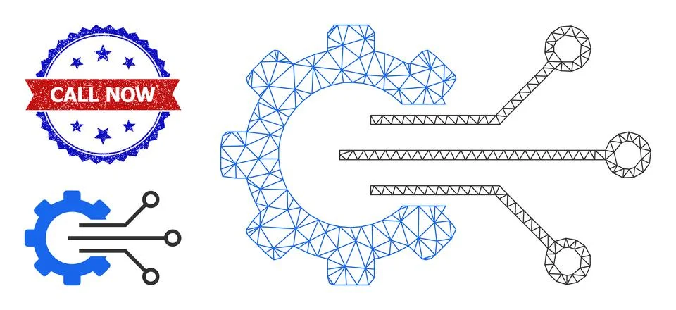 Polygonal Mesh Gear Sensor Icon and Scratched Bicolor Call Now Seal Illustrazione stock