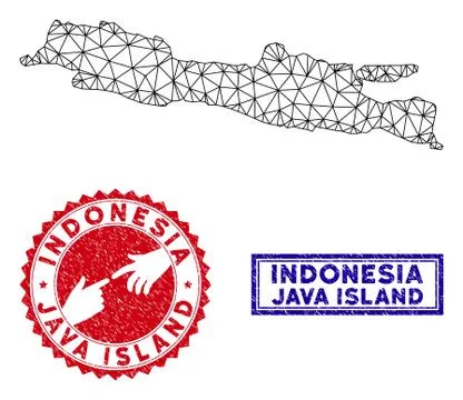 Polygonal Mesh Java Island Map and Grunge Stamps Stock Illustration