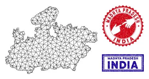 Polygonal Mesh Madhya Pradesh State Map and Grunge Stamps Stock Illustration